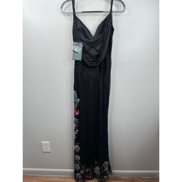Mac Duggal Floral Slit Fully Beaded V Neck Gown Maxi Dress 5238 Black Size 2 NWT - Picture 4 of 8